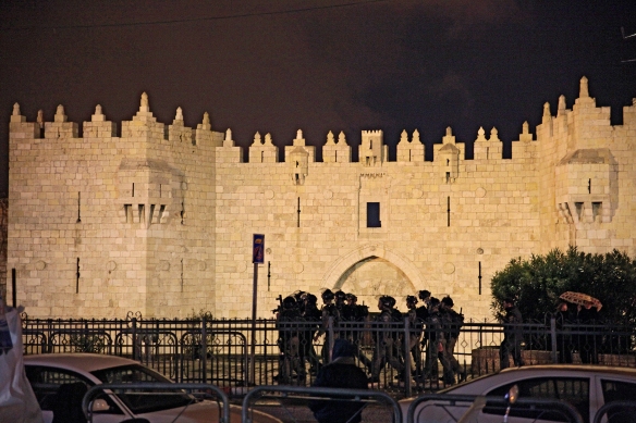 Soldiers position outside Damascus gate during a demonstration against the killing of Palestinians and for the right for access to pray in Al Aqsa mosque. Photo EAPPI/K. Ranta.